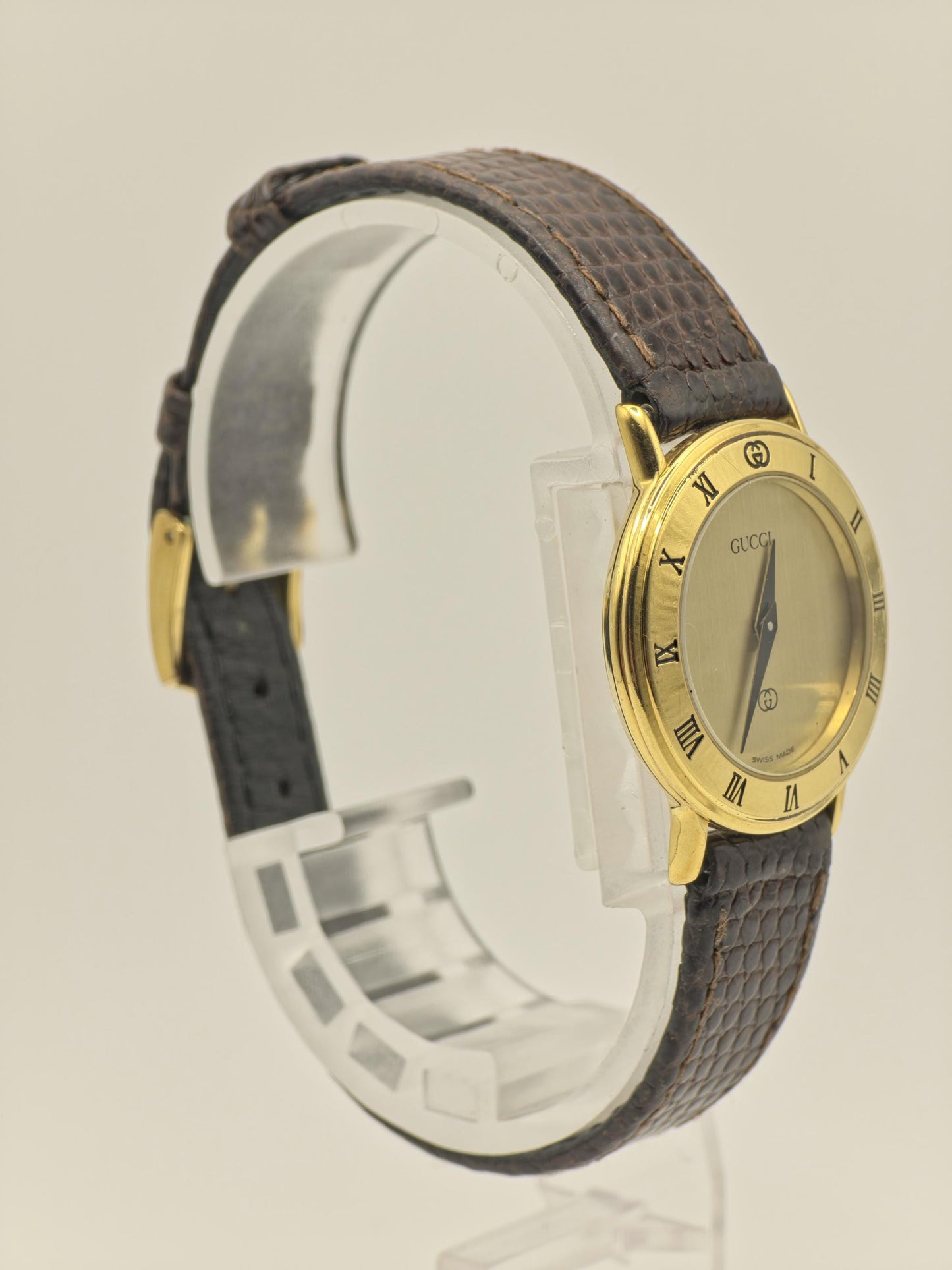 Gucci 3000L Quartz Watch Gold Plated Swiss Made Brown Leather Strap Women Vintage | - 44