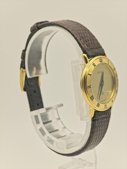 Gucci 3000L Quartz Watch Gold Plated Swiss Made Brown Leather Strap Women Vintage | - 44