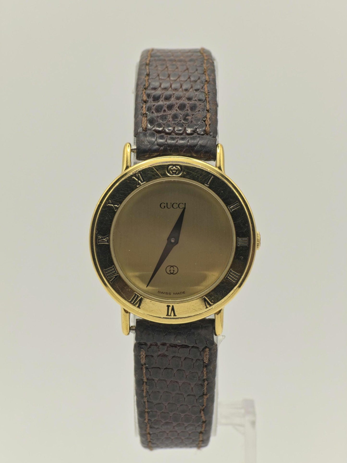 Gucci 3000L Quartz Watch Gold Plated Swiss Made Brown Leather Strap Women Vintage | - 44