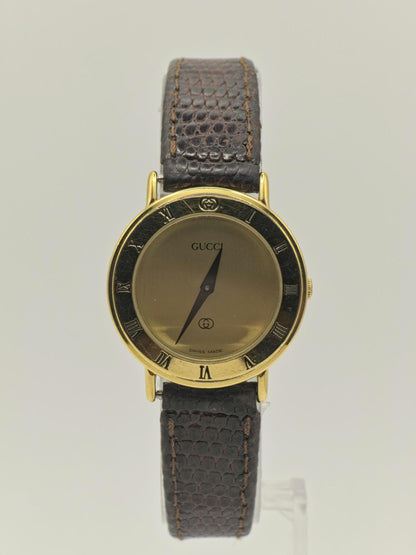 Gucci 3000L Quartz Watch Gold Plated Swiss Made Brown Leather Strap Women Vintage | - 44