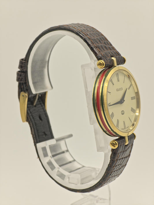 Gucci Swiss Made Quartz Watch Gold Tone Case Leather Strap Women Vintage | - 50