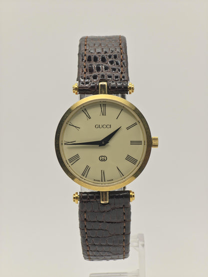 Gucci Swiss Made Quartz Watch Gold Tone Case Leather Strap Women Vintage | - 50
