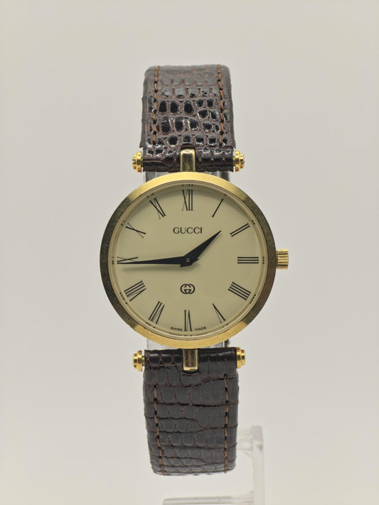 Gucci Swiss Made Quartz Watch Gold Tone Case Leather Strap Women Vintage | - 50
