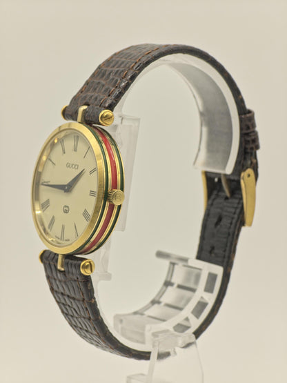 Gucci Swiss Made Quartz Watch Gold Tone Case Leather Strap Women Vintage | - 50