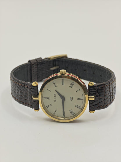 Gucci Swiss Made Quartz Watch Gold Tone Case Leather Strap Women Vintage | - 50
