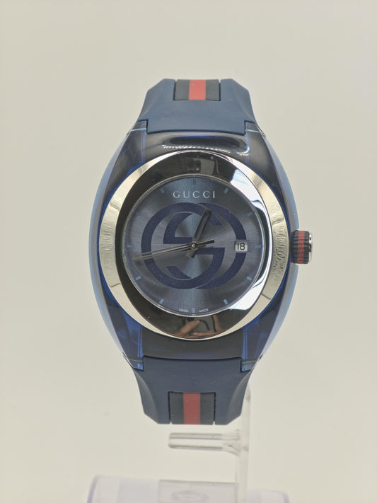 Gucci Sync 137.1 Mens Quartz Wristwatch Blue Dial Rubber Strap 5ATM Swiss Made | - 69