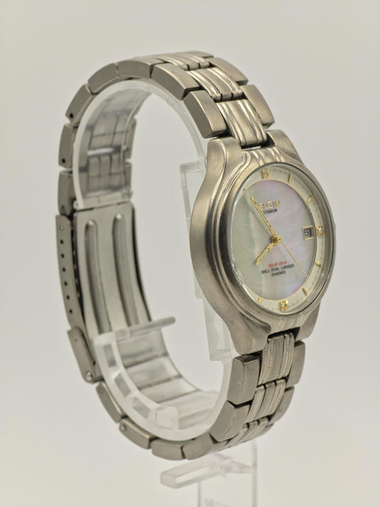 Elgin Titanium Solar Drive Watch | Model FK 1066 C | Mother of Pearl Dial | Unisex | Diamonds | - 119