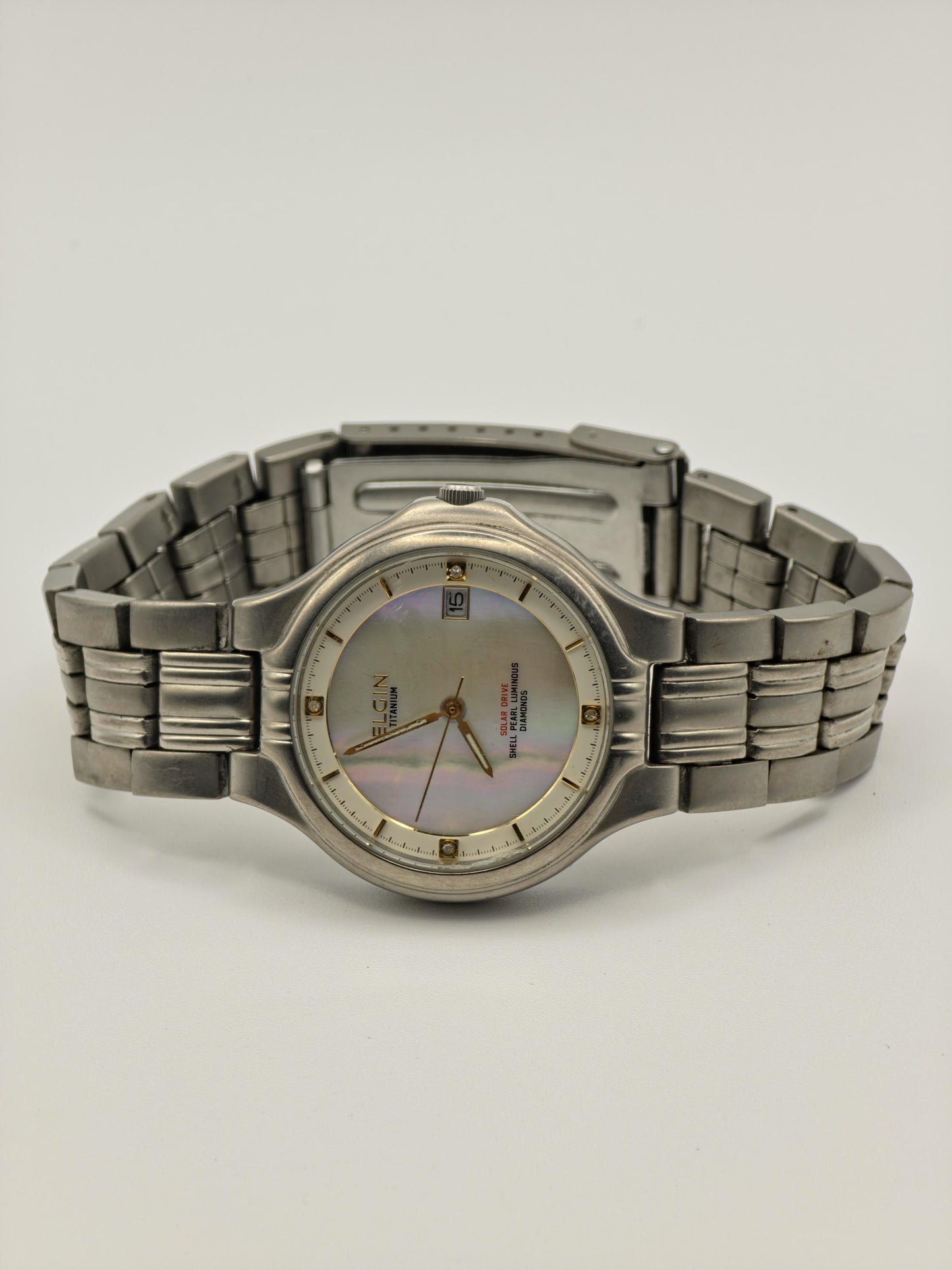 Elgin Titanium Solar Drive Watch | Model FK 1066 C | Mother of Pearl Dial | Unisex | Diamonds | - 119