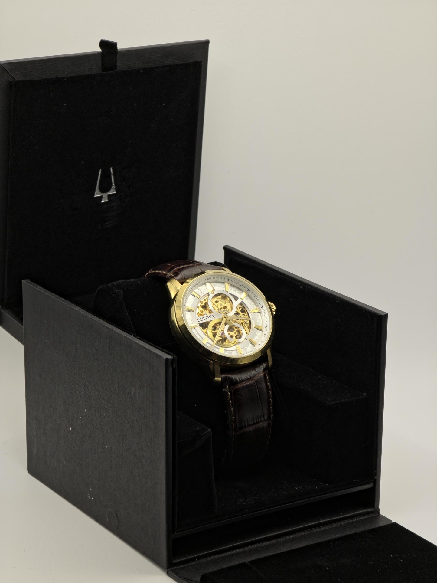 Bulova 97A138 Men Automatic Skeleton Watch Gold Tone Box Only | - 180