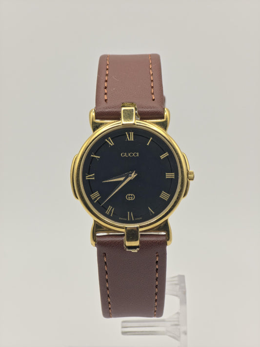 Gucci 3400M Gold-Plated Black Dial Leather Strap Unisex Watch | - 192