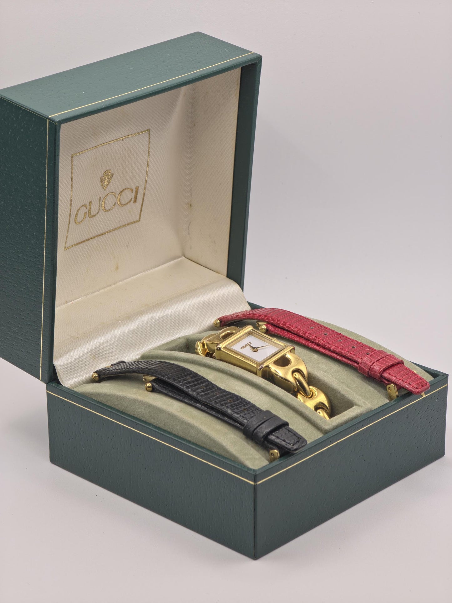Gucci 1800L Gold Tone Square Watch Women with Extra Black & Red Strap + Box -211