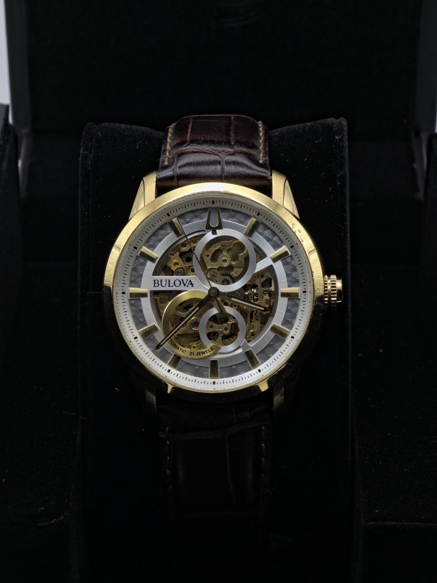 Bulova 97A138 Men Automatic Skeleton Watch Gold Tone Box Only | - 180