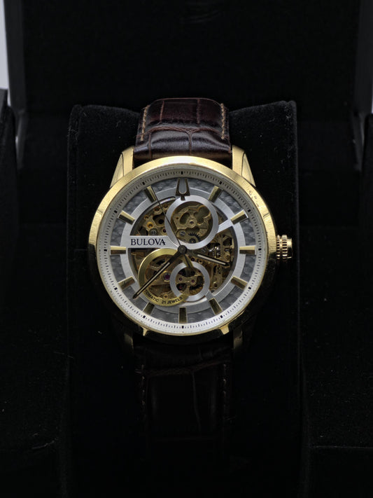Bulova 97A138 Men Automatic Skeleton Watch Gold Tone Box Only | - 180