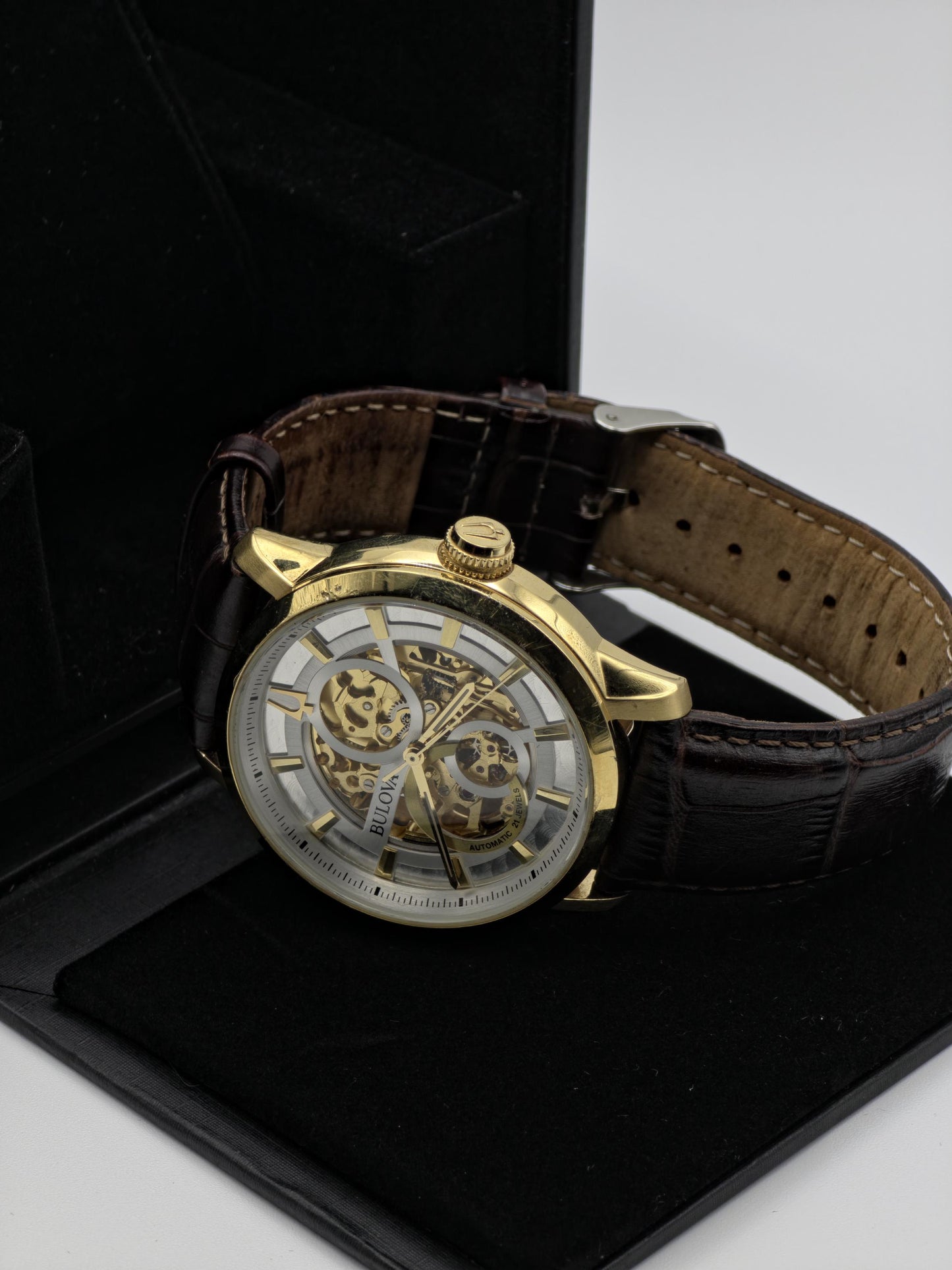 Bulova 97A138 Men Automatic Skeleton Watch Gold Tone Box Only | - 180