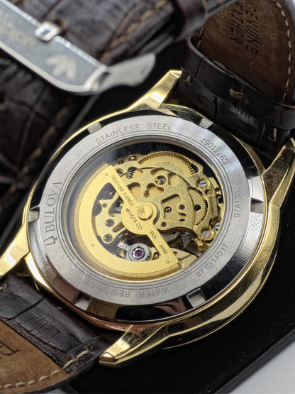 Bulova 97A138 Men Automatic Skeleton Watch Gold Tone Box Only | - 180