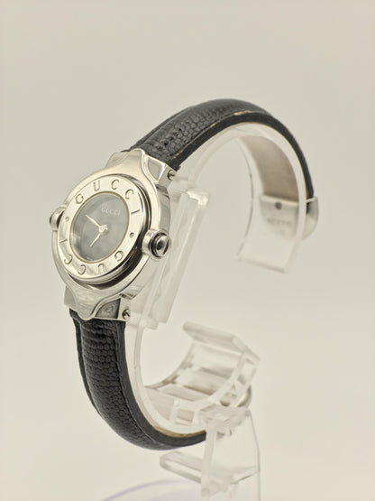 Gucci Twirl Rotating Case Watch Women Silver Black Dial Leather Strap - 216