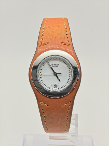 Hermes HA3.210 Watch Unisex White Dial Date Orange Leather Strap - 224