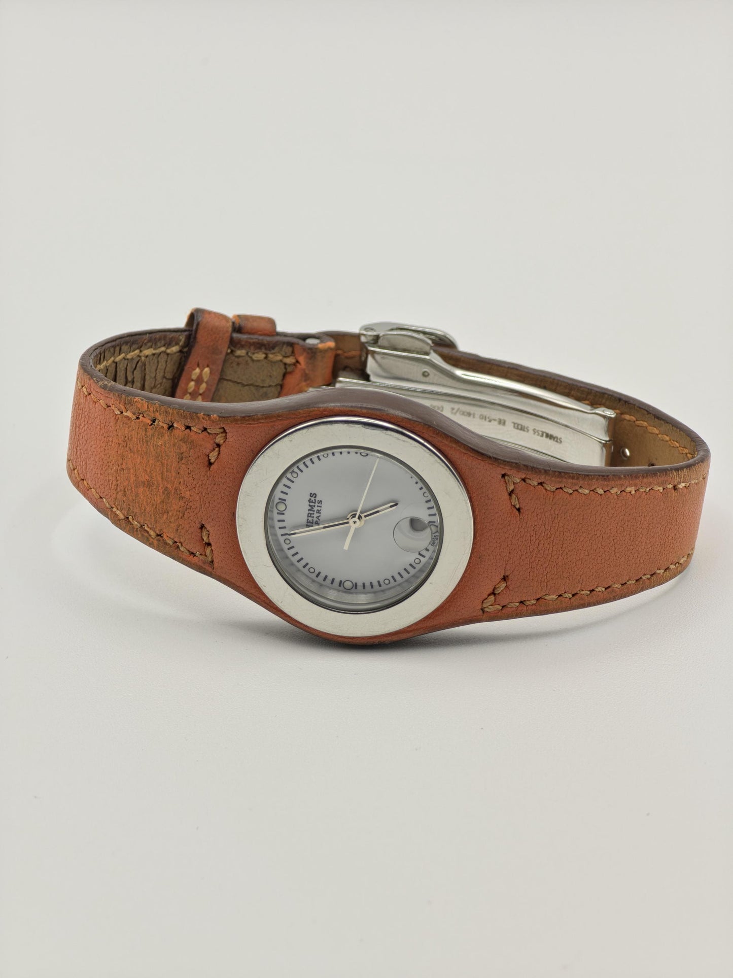 Hermes HA3.210 Watch Unisex White Dial Date Orange Leather Strap - 224