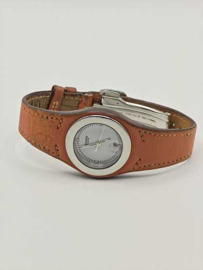 Hermes HA3.210 Watch Unisex White Dial Date Orange Leather Strap - 224