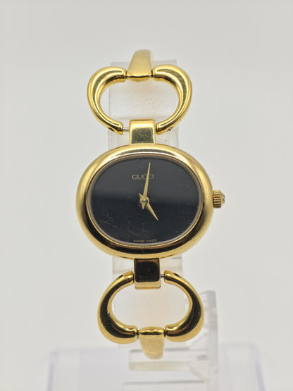 Gucci 1600 Watch Women Black Dial Gold Tone Bracelet Vintage - 225