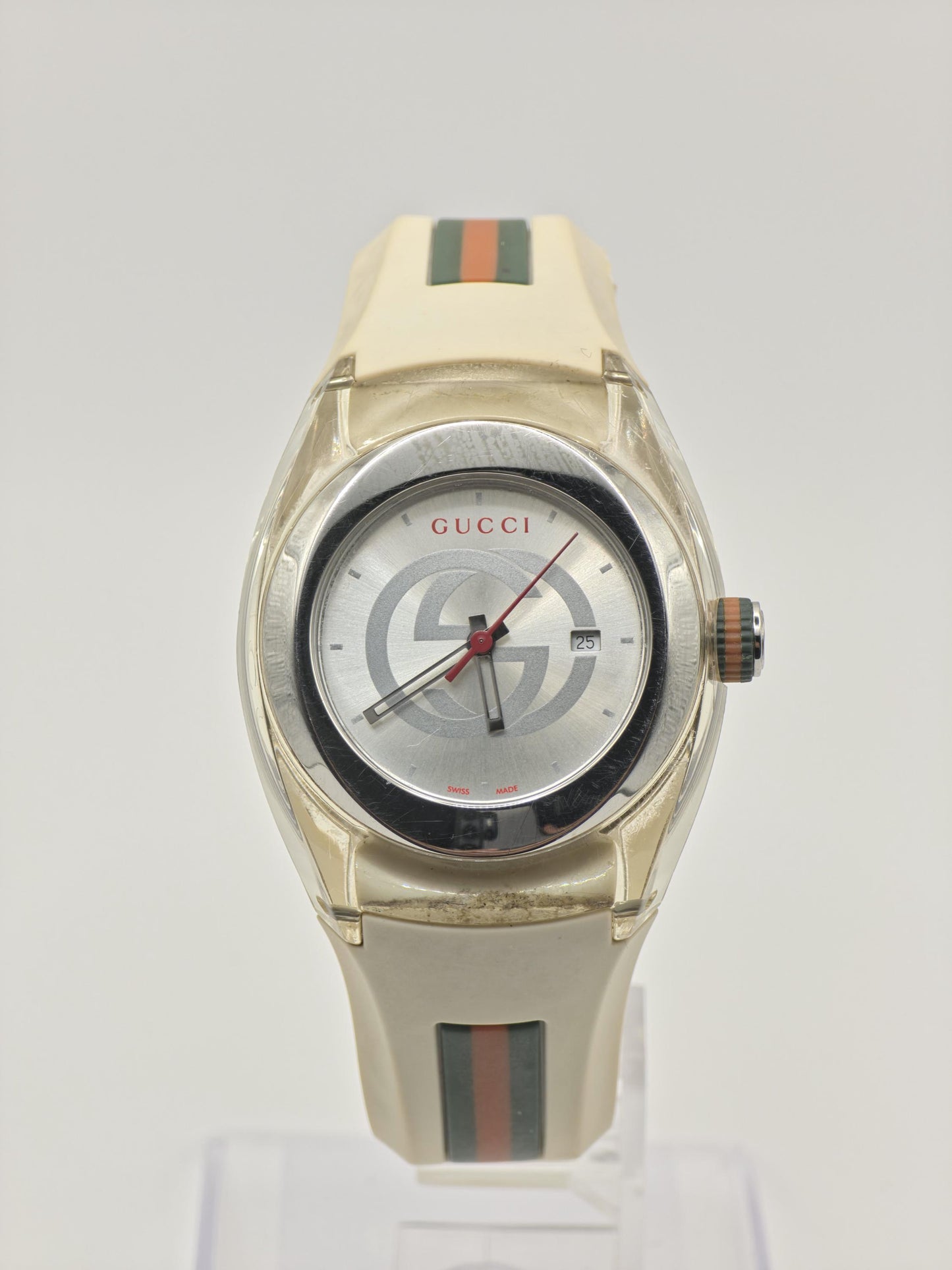 Gucci 137.3 Watch Women Silver Dial Date Web Stripe Rubber Strap - 226