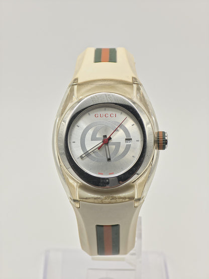 Gucci 137.3 Watch Women Silver Dial Date Web Stripe Rubber Strap - 226