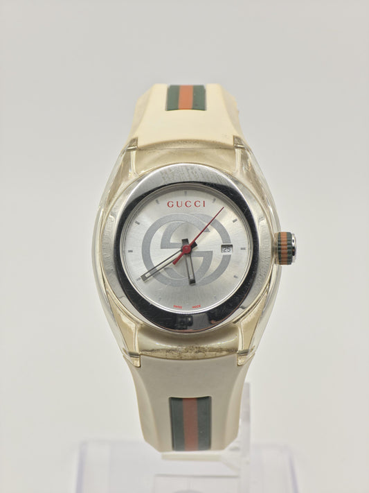 Gucci 137.3 Watch Women Silver Dial Date Web Stripe Rubber Strap - 226
