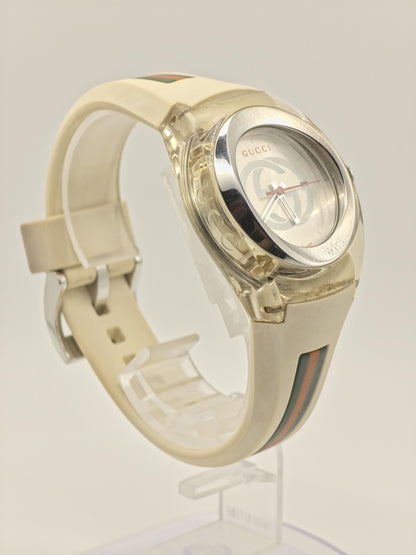 Gucci 137.3 Watch Women Silver Dial Date Web Stripe Rubber Strap - 226