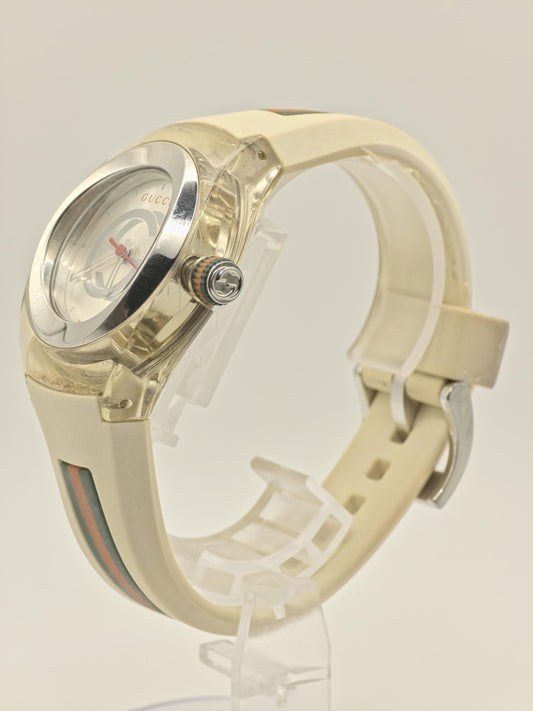 Gucci 137.3 Watch Women Silver Dial Date Web Stripe Rubber Strap - 226