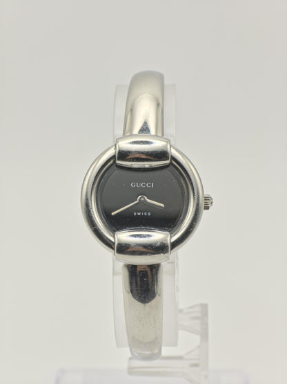 Gucci 1400L Watch Women Black Dial Silver Bangle Bracelet - 230