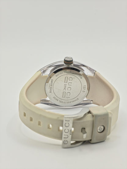 Gucci 137.3 Watch Women Silver GG Dial Date Web Stripe Rubber Sport Style - 231