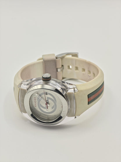 Gucci 137.3 Watch Women Silver GG Dial Date Web Stripe Rubber Sport Style - 231