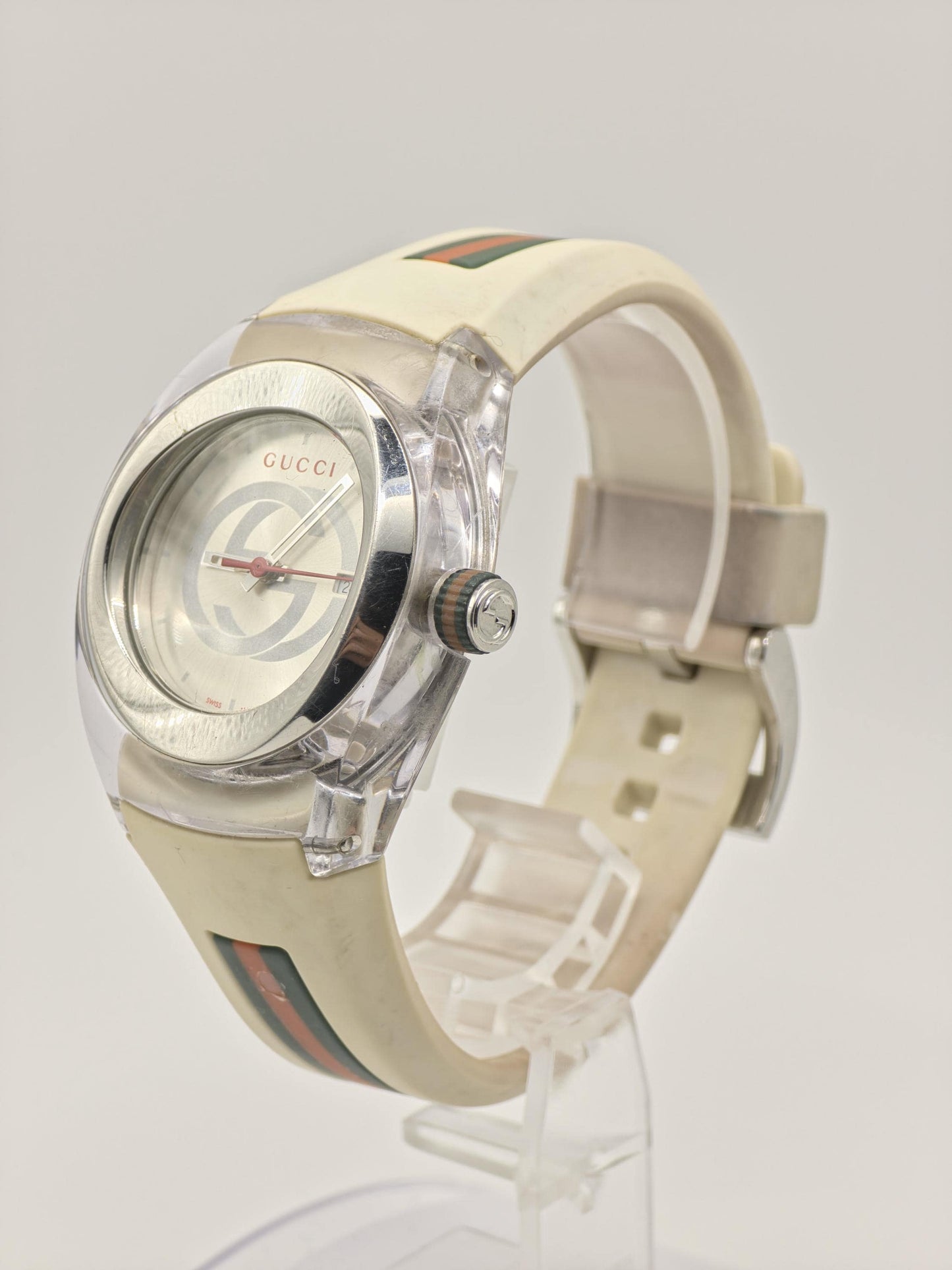 Gucci 137.3 Watch Women Silver GG Dial Date Web Stripe Rubber Sport Style - 231
