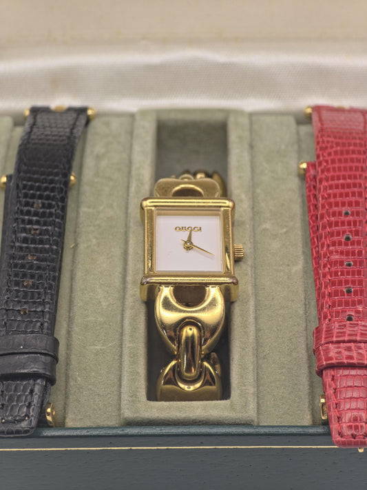 Gucci 1800L Gold Tone Square Watch Women with Extra Black & Red Strap + Box -211