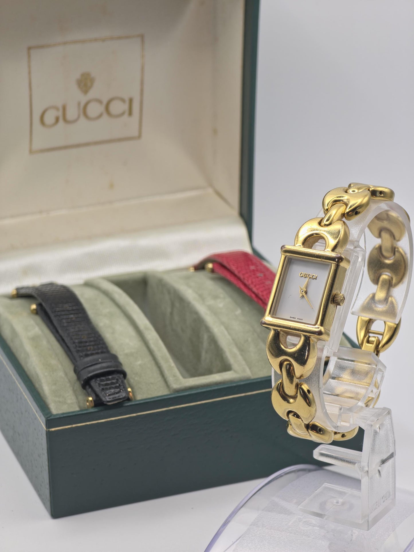 Gucci 1800L Gold Tone Square Watch Women with Extra Black & Red Strap + Box -211