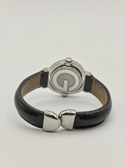 Gucci Twirl Rotating Case Watch Women Silver Black Dial Leather Strap - 216