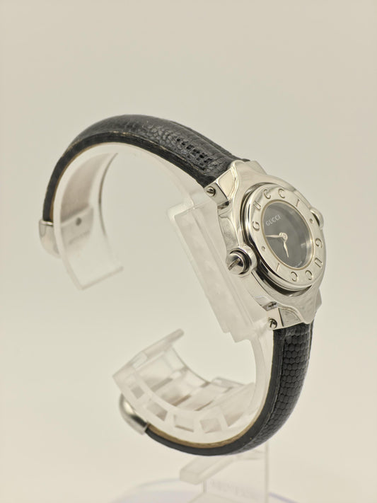 Gucci Twirl Rotating Case Watch Women Silver Black Dial Leather Strap - 216