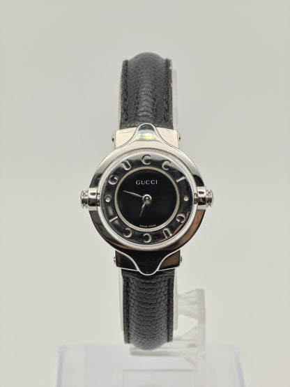 Gucci Twirl Rotating Case Watch Women Silver Black Dial Leather Strap - 216