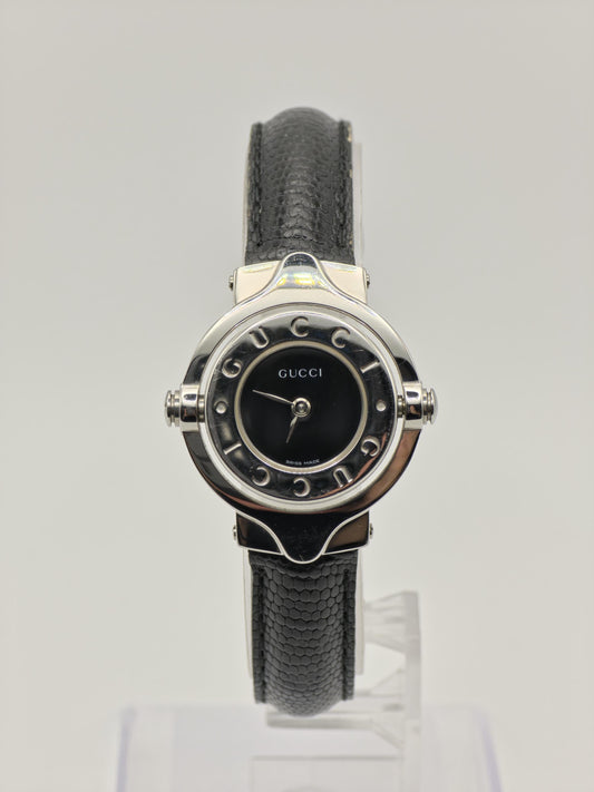 Gucci Twirl Rotating Case Watch Women Silver Black Dial Leather Strap - 216