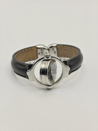 Gucci Twirl Rotating Case Watch Women Silver Black Dial Leather Strap - 216