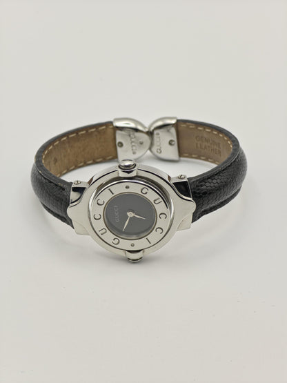 Gucci Twirl Rotating Case Watch Women Silver Black Dial Leather Strap - 216