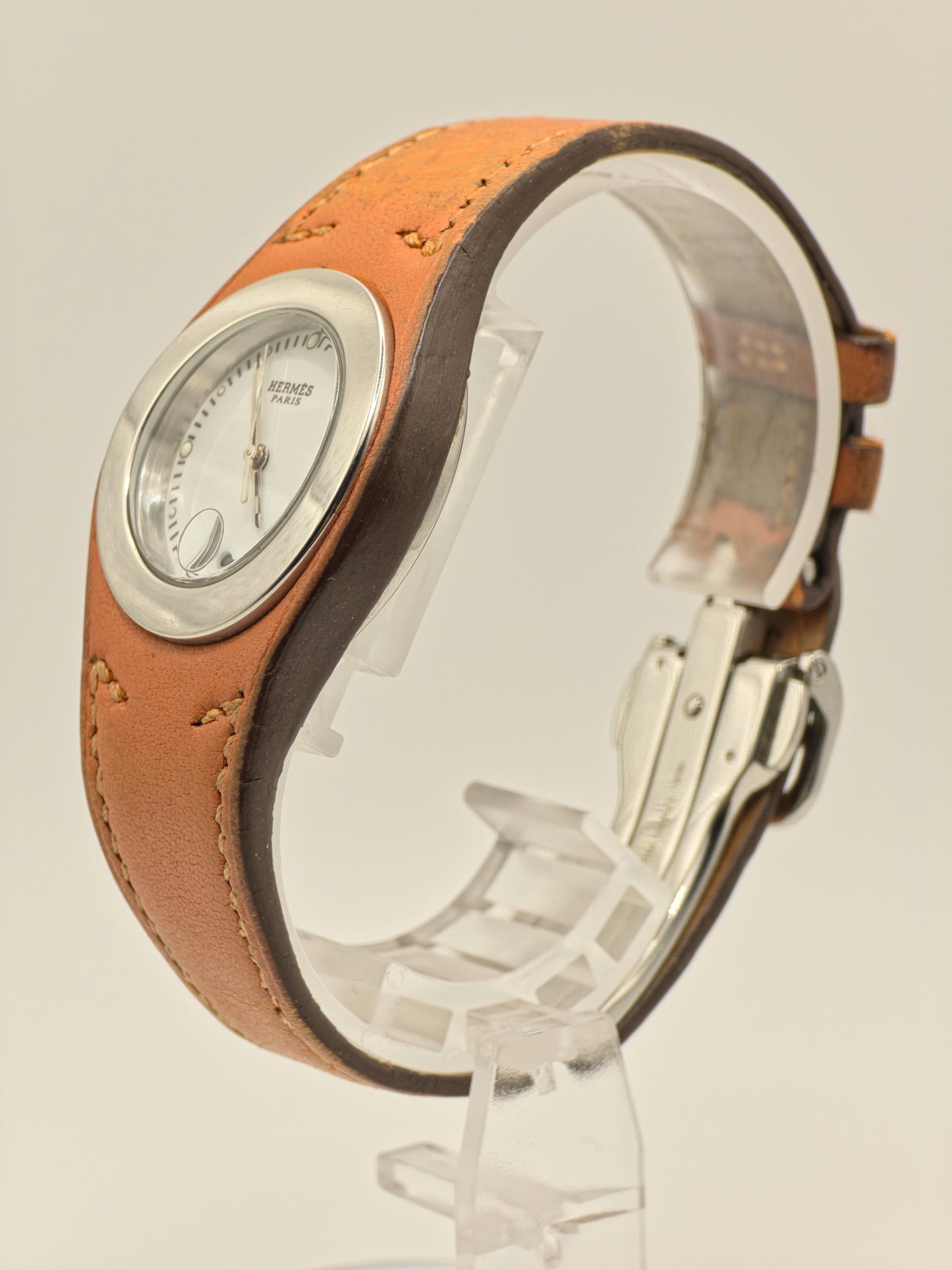 Hermes HA3.210 Watch Unisex White Dial Date Orange Leather Strap - 224