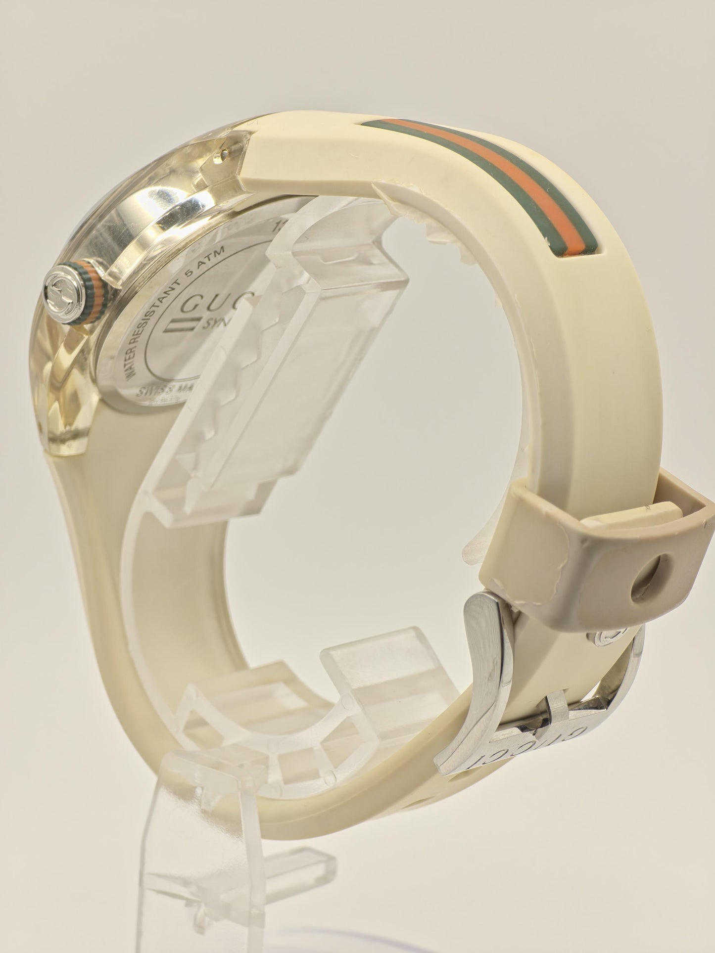 Gucci 137.3 Watch Women Silver Dial Date Web Stripe Rubber Strap - 226