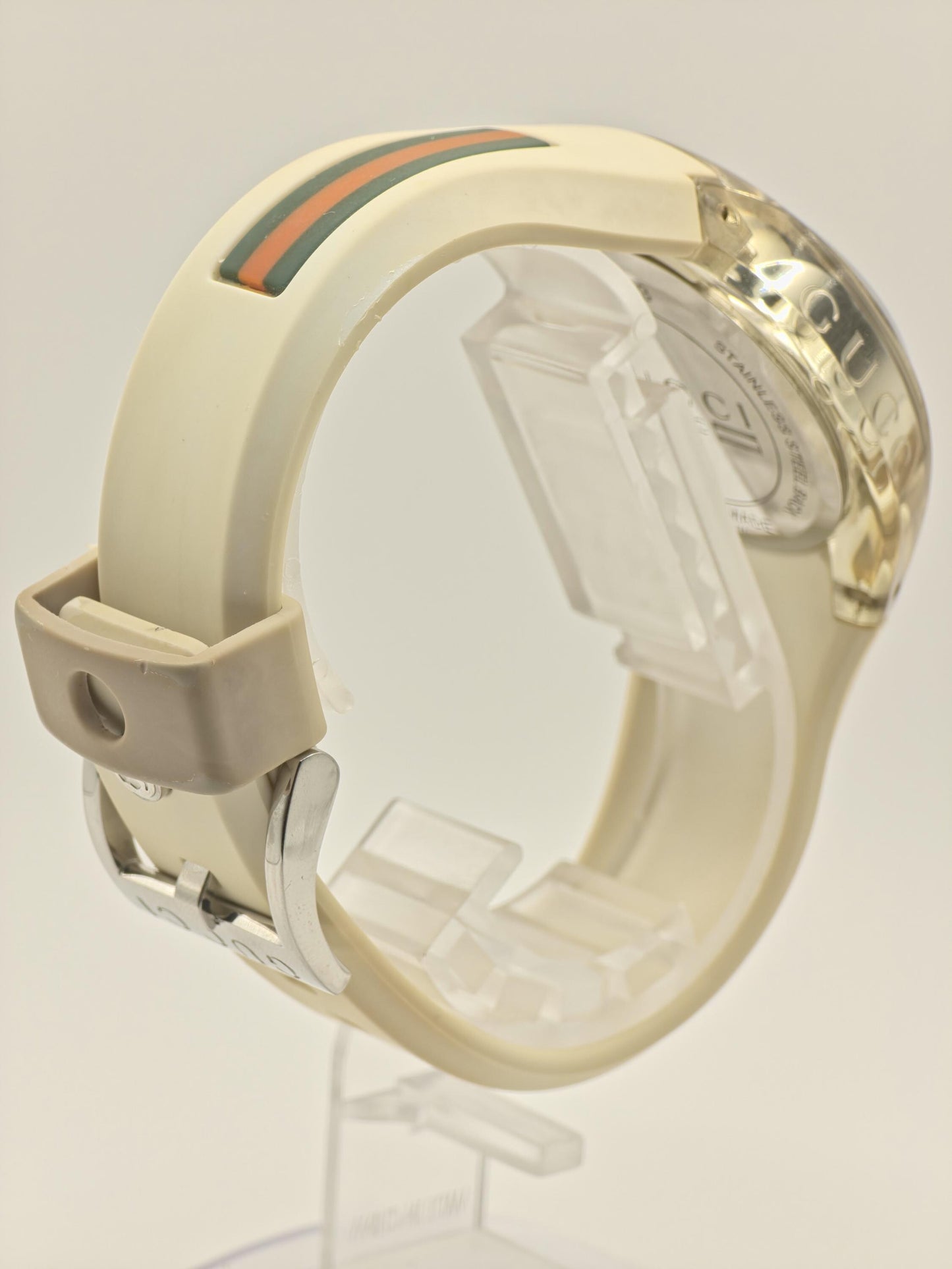 Gucci 137.3 Watch Women Silver Dial Date Web Stripe Rubber Strap - 226