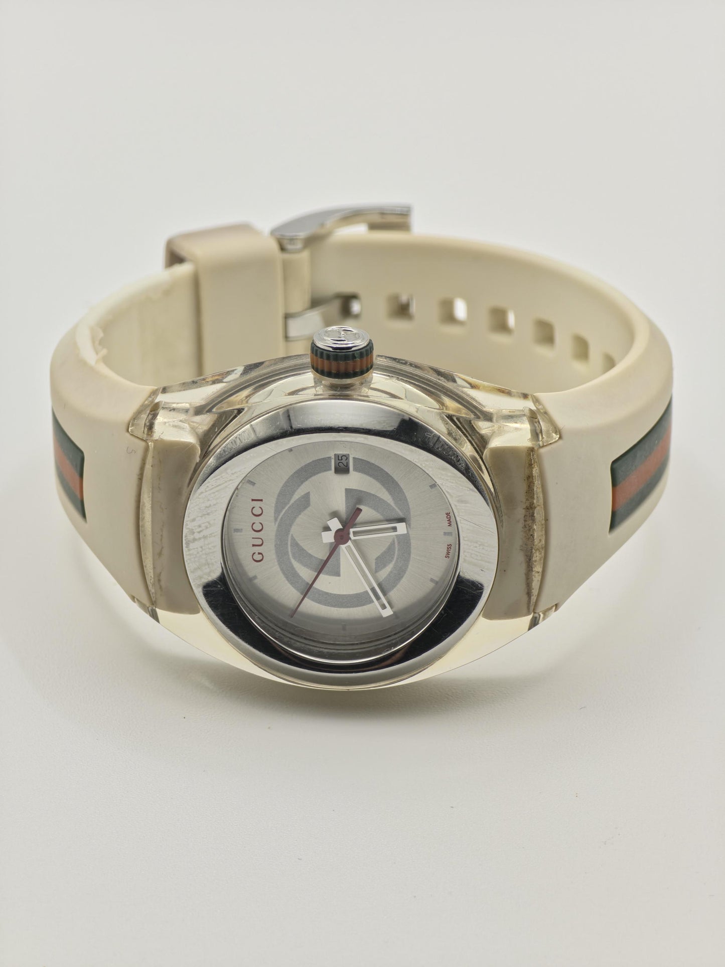 Gucci 137.3 Watch Women Silver Dial Date Web Stripe Rubber Strap - 226