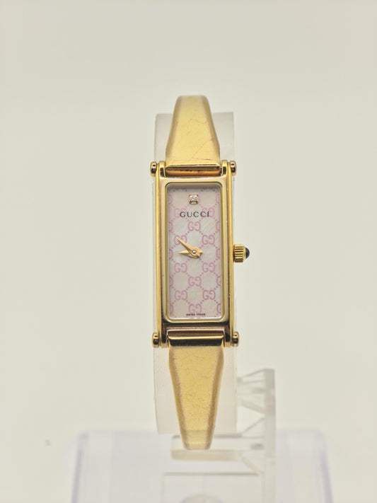 Gucci 1500L Watch Women Pink GG Dial Gold Tone Bracelet Vintage - 228