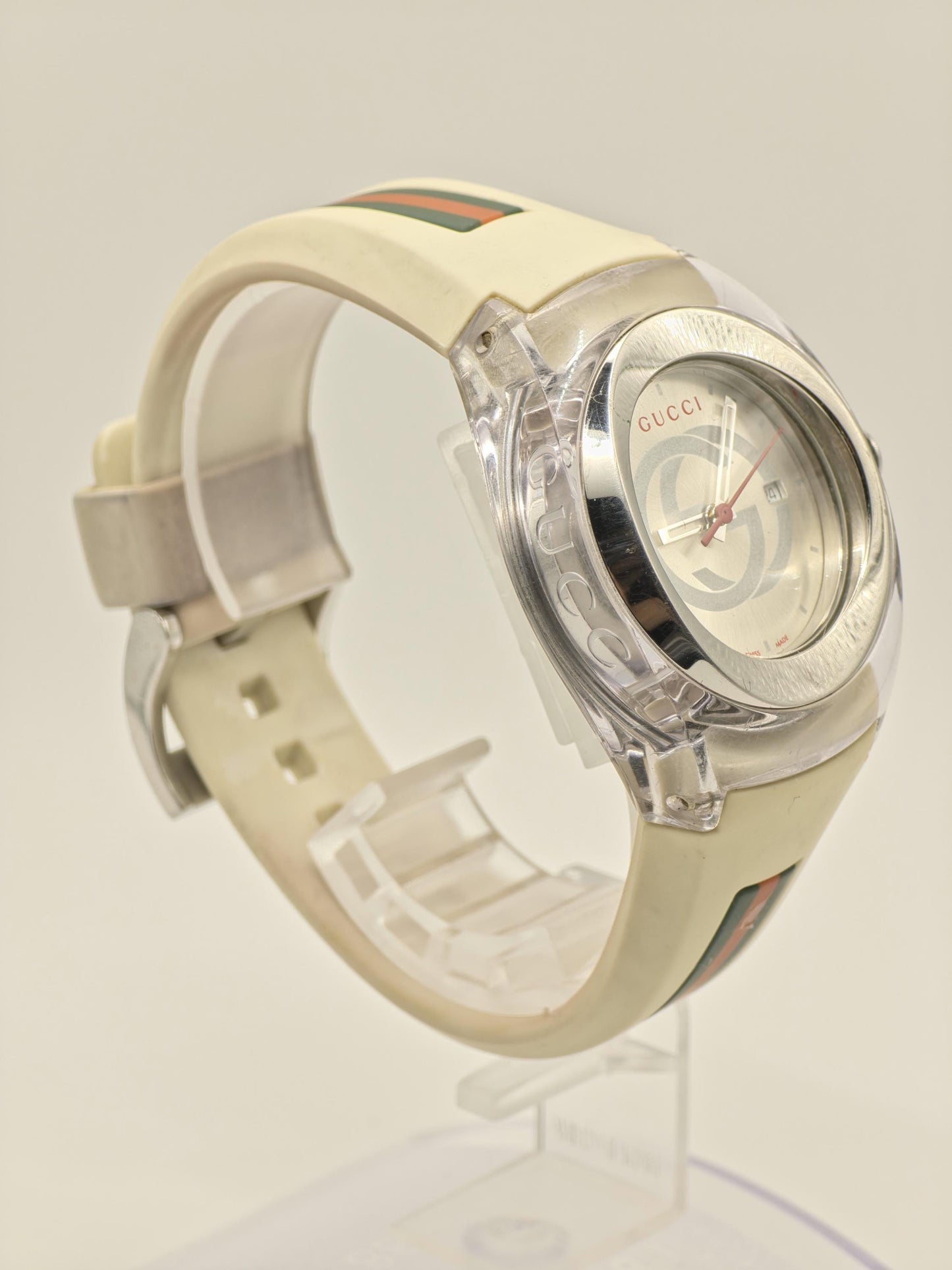 Gucci 137.3 Watch Women Silver GG Dial Date Web Stripe Rubber Sport Style - 231