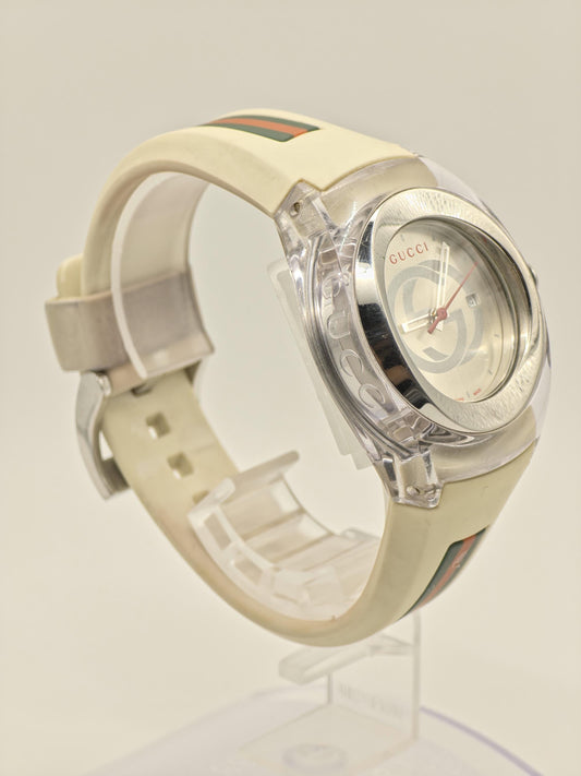 Gucci 137.3 Watch Women Silver GG Dial Date Web Stripe Rubber Sport Style - 231