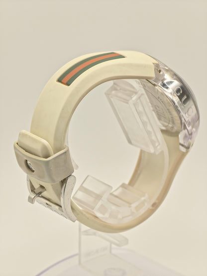 Gucci 137.3 Watch Women Silver GG Dial Date Web Stripe Rubber Sport Style - 231