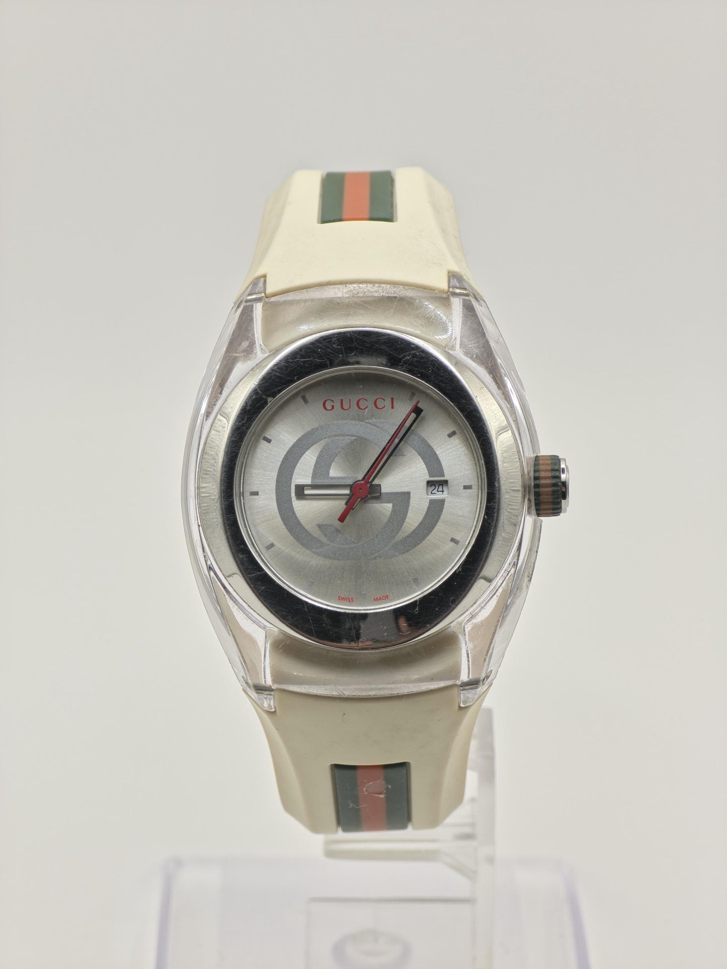 Gucci 137.3 Watch Women Silver GG Dial Date Web Stripe Rubber Sport Style - 231